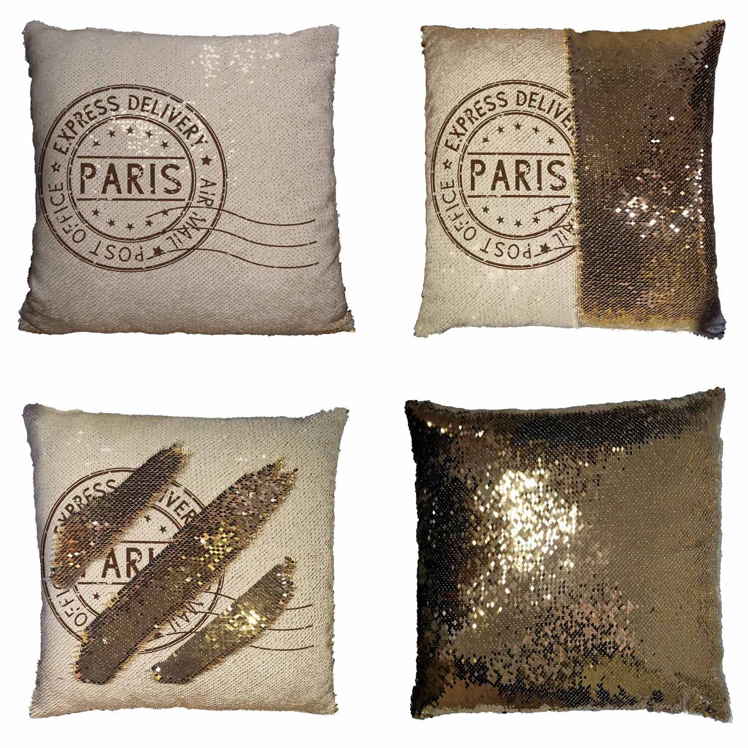 Round Brown Postmark Paris France Beige Mermaid Sequin Pillow Cushion Case